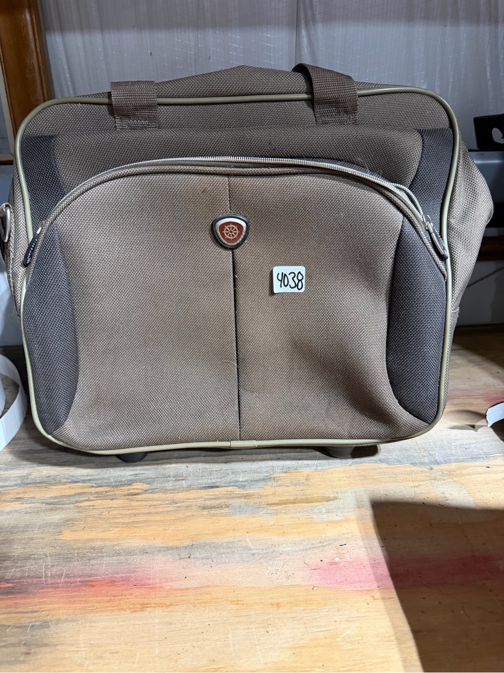 #4038- Nautical Wheel Carry-On Travel Bag Brown Tan Rolling Duffel Weekender